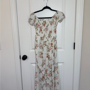 White Floral Off-Shoulder Maxi Dress with Pink Blooms